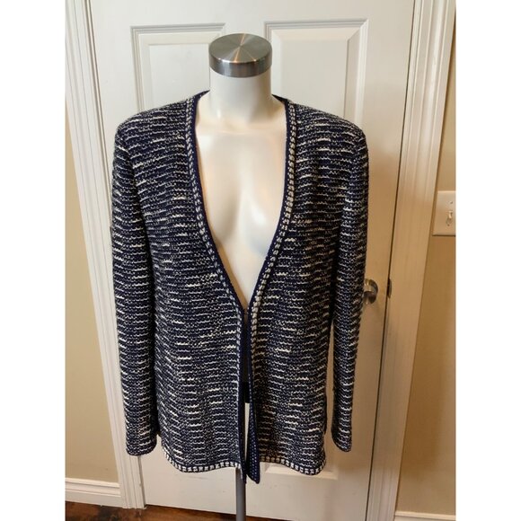 St. John Black Label Navy Blue & White Tweed Knit Sweater Jacket, Size 10 - Picture 1 of 5